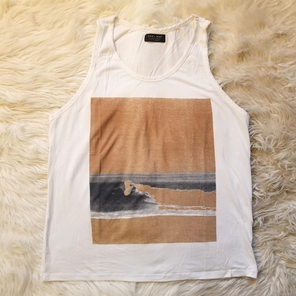 Zara White Tank Top with Tan and Gray Surf Print